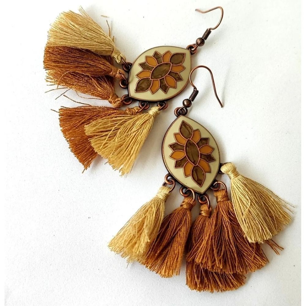 Fringe fan earrings boho brown tassel earrings